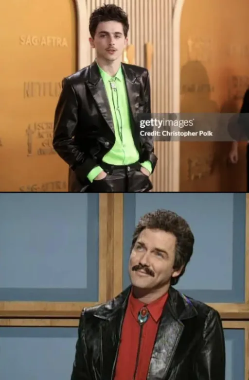 The image is split into two panels. The top panel shows a young man with dark hair and a mustache, wearing a black leather…