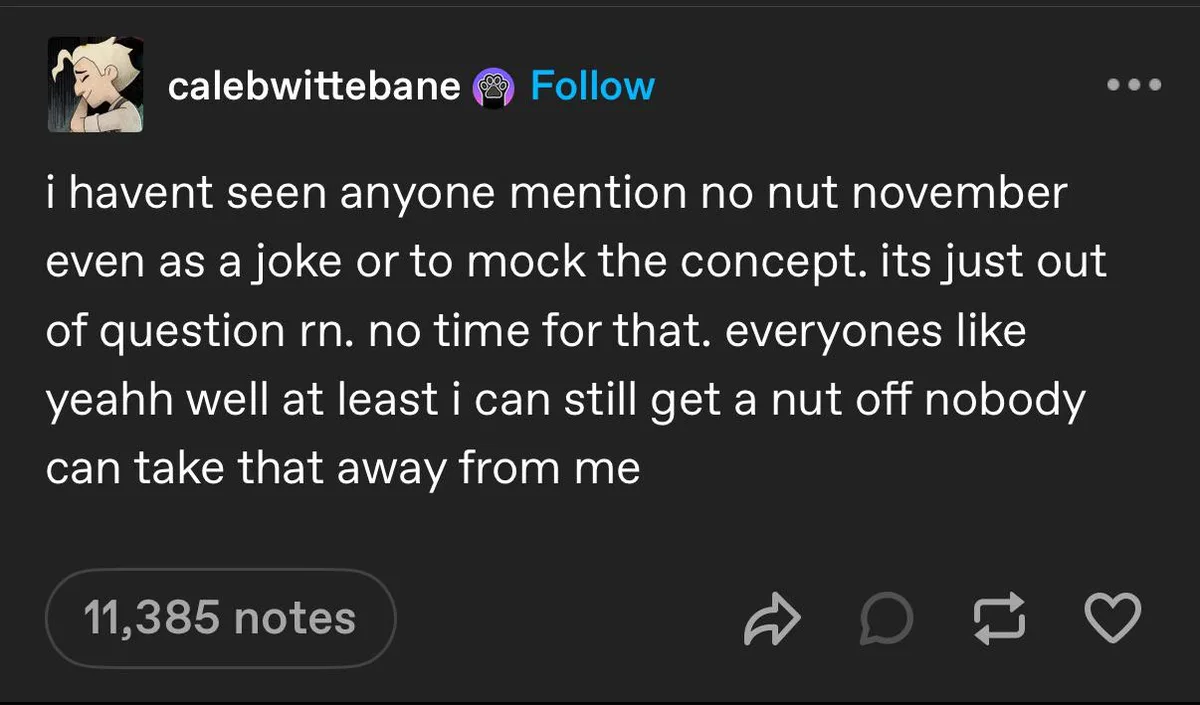 A screenshot of a Tumblr post by user 'calebwittebane' with a dark background and white text. The post reads: 'i havent seen…