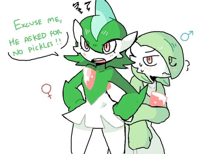 Two anthropomorphic Pokémon characters, one green and one lighter green, are shown in a close, affectionate pose. The taller…