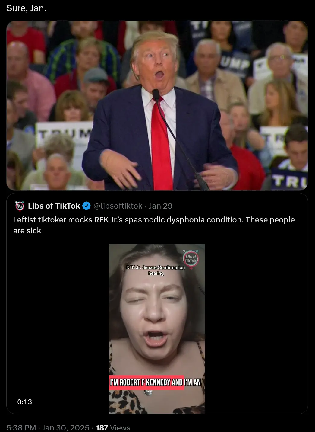 The image is a two-panel meme. The top panel shows Donald Trump at a rally with his mouth open in shock, overlaid with the…