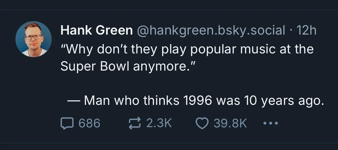 A screenshot of a social media post by Hank Green showing a quote attributed to a person who thinks 1996 was only 10 years…