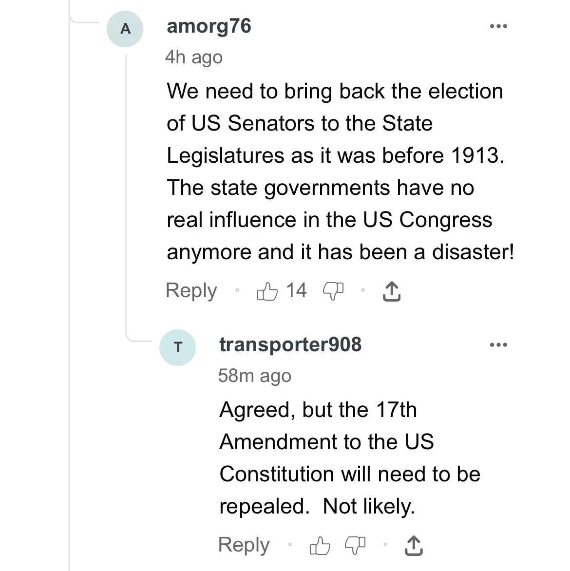 A screenshot of a Reddit comment thread shows user 'amorg76' arguing for reverting to pre-1913 US Senate election methods…