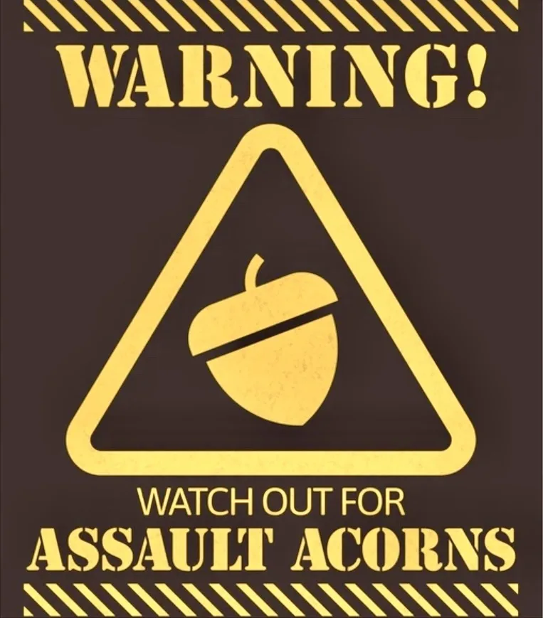 A dark brown warning sign with yellow text and symbols. At the top, 'WARNING!' is displayed above a yellow triangular hazard…