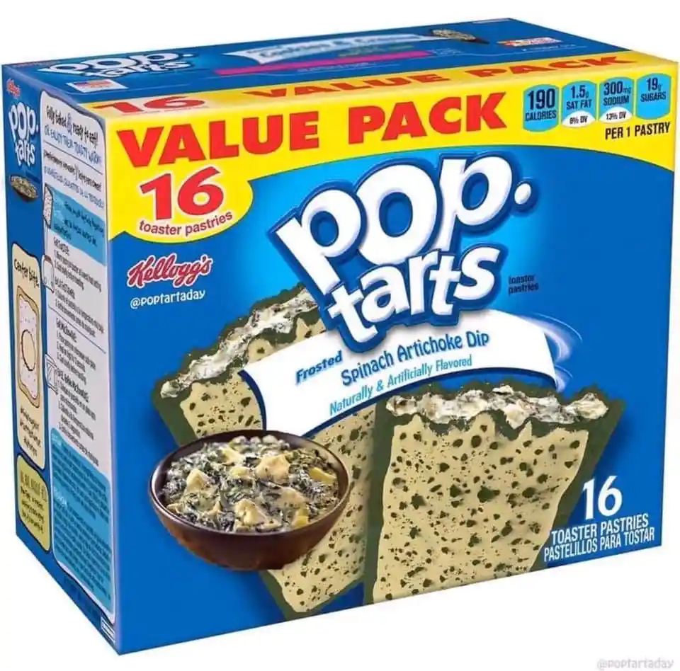 A blue Kellogg's Pop-Tarts box labeled 'VALUE PACK' with '16 toaster pastries' and nutritional info. The front shows two…
