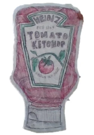 A hand-drawn, childlike sketch of a Heinz ketchup bottle, colored in pink and red with a green label. The label clearly…