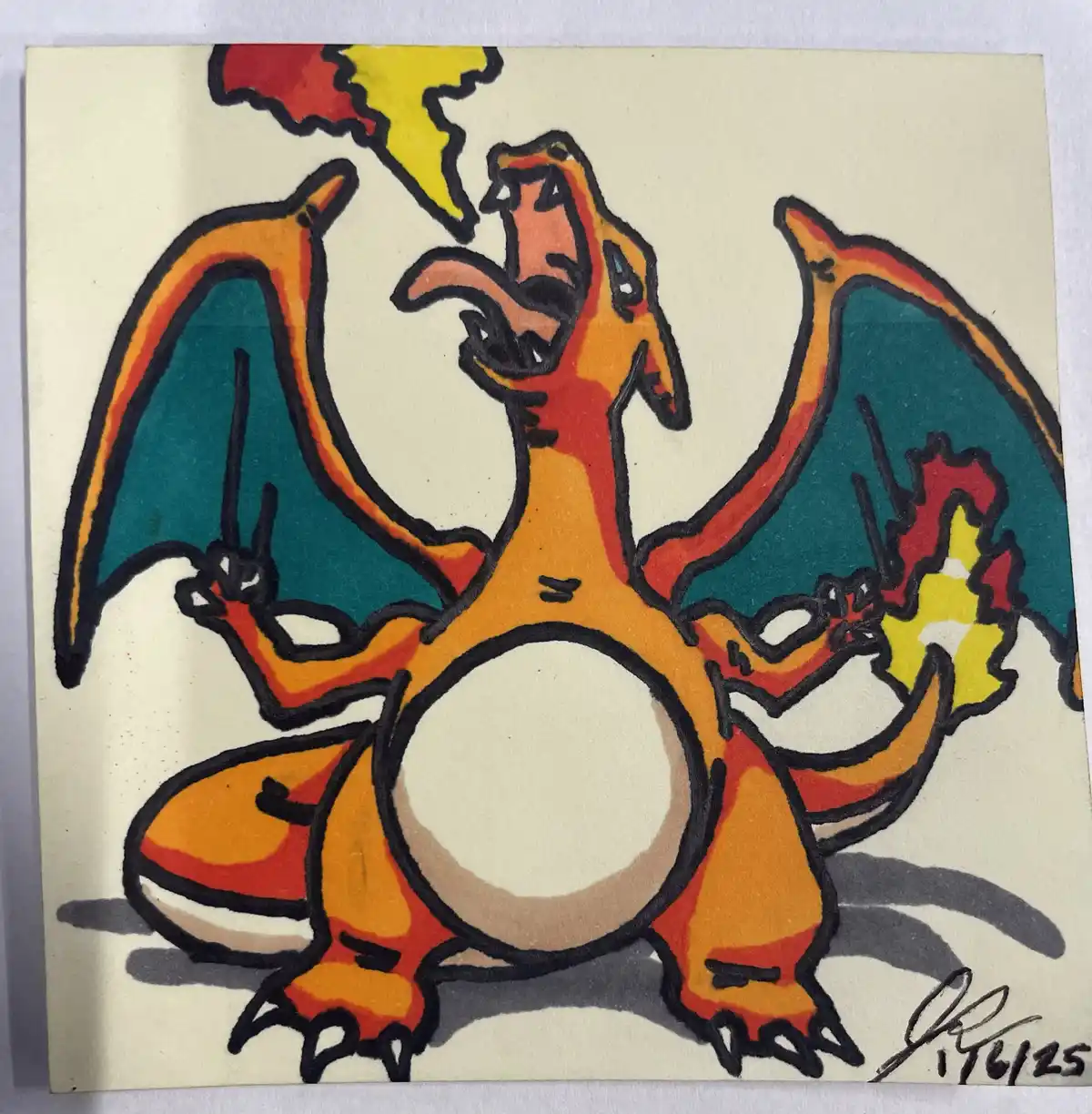 A hand-drawn, colorful illustration of the Pokémon Charizard, depicted with orange and red scales, teal wings, and fire…