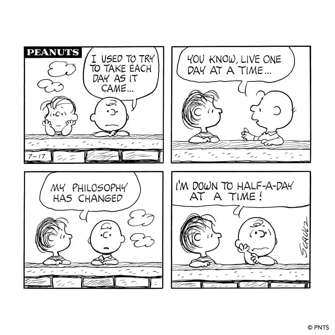 A four-panel Peanuts comic strip shows Charlie Brown and Lucy sitting on a ledge. Charlie Brown begins by saying he used to…