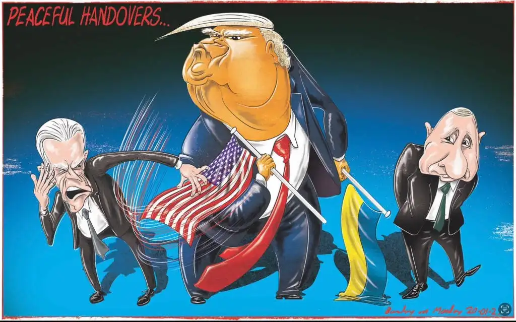 A political cartoon shows a caricature of Donald Trump in the center, holding an American flag and a Ukrainian flag, with a…