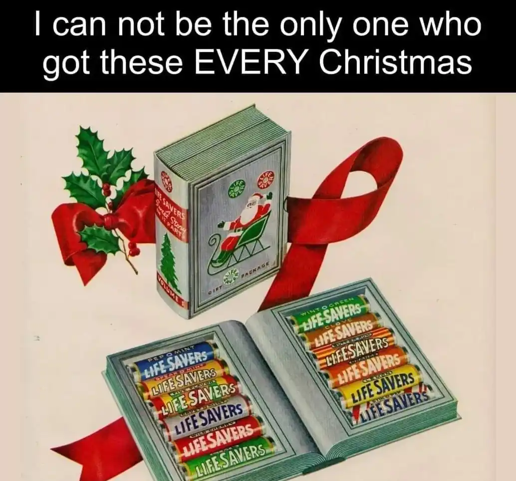 An old-fashioned advertisement image shows a book-shaped box of Life Savers candy, tied with a red ribbon and decorated with…