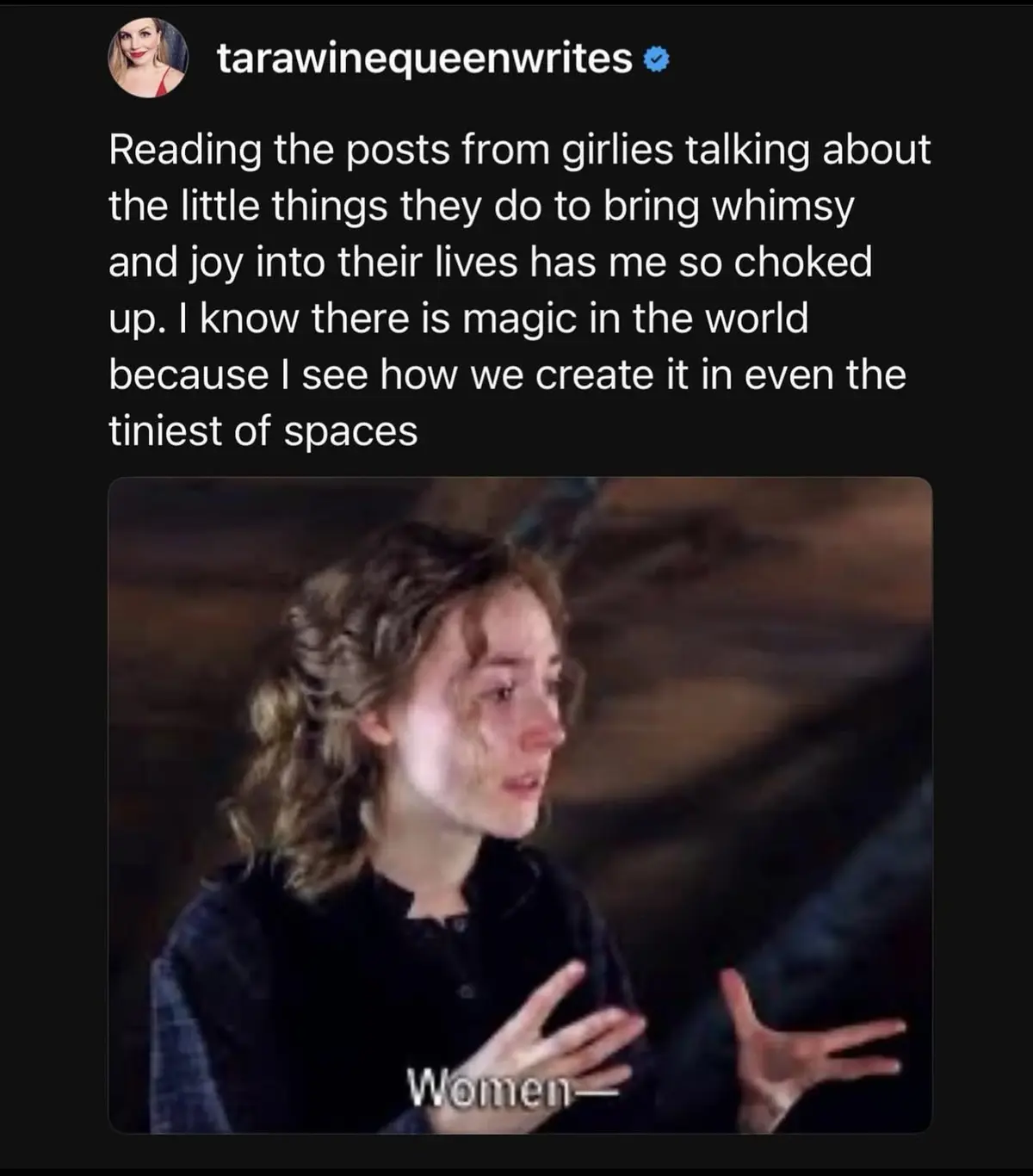 A screenshot of a tweet by tarawinequeenwrites expressing emotional resonance with posts about women creating joy. Below the…
