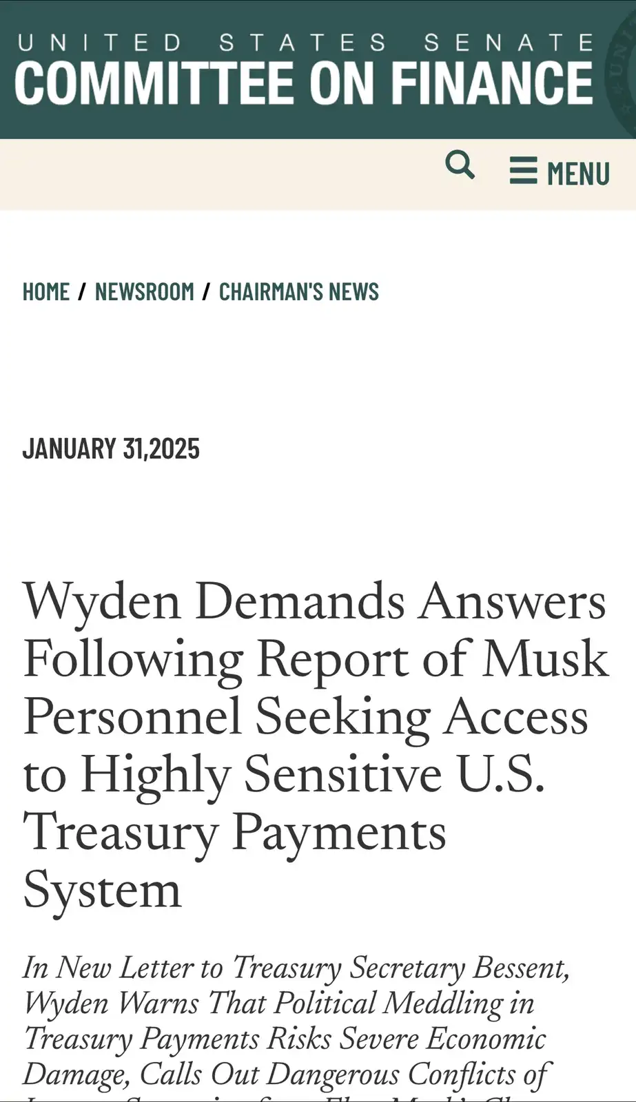 The image displays a screenshot of a fake news article from the 'United States Senate Committee on Finance' dated January…