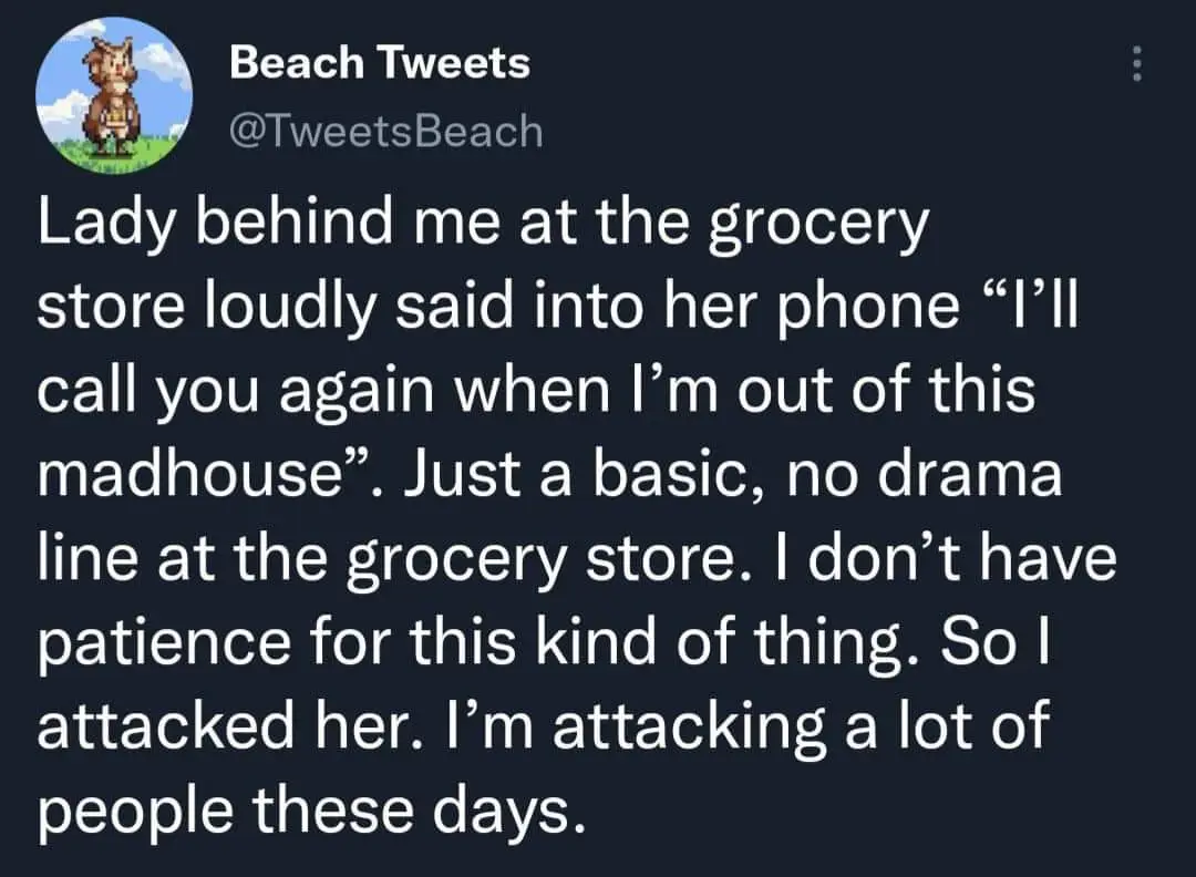 A screenshot of a tweet from 'Beach Tweets' (@TweetsBeach) with a pixelated avatar of a character resembling a fox or dog in…