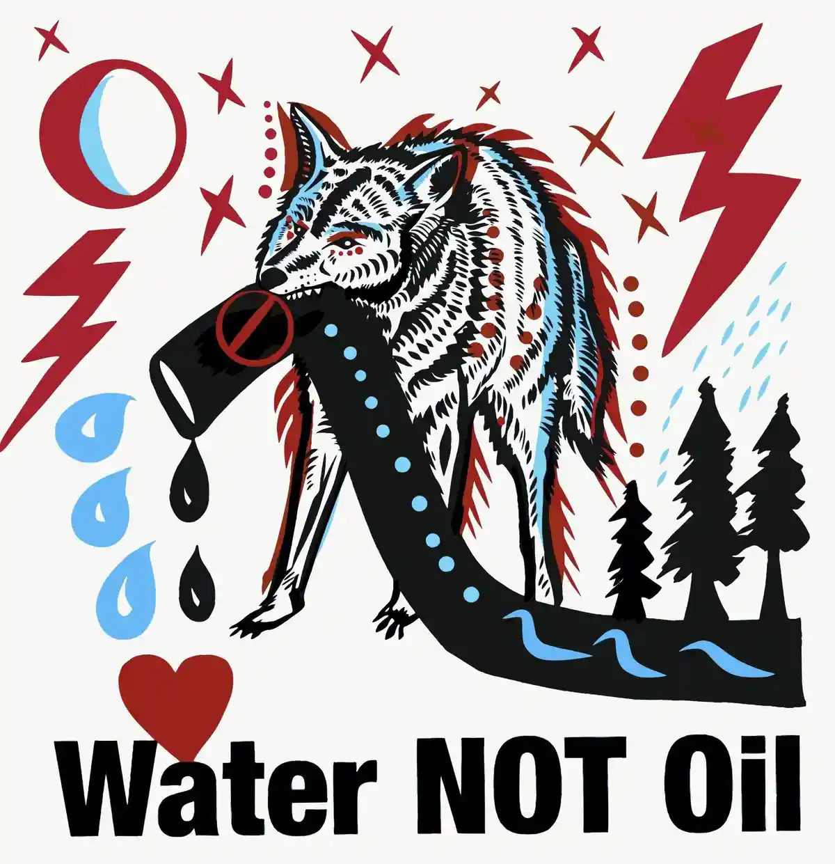 A stylized illustration of a wolf with tribal patterns holding a black oil barrel marked with a red prohibition symbol…