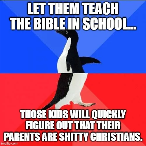 A black-and-white penguin stands centered against a blue-and-red background, with bold white text overlaid. The top text…