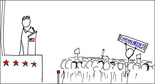 A stick figure in a suit stands at a podium with an American flag, addressing a crowd. One person in the audience holds up a…