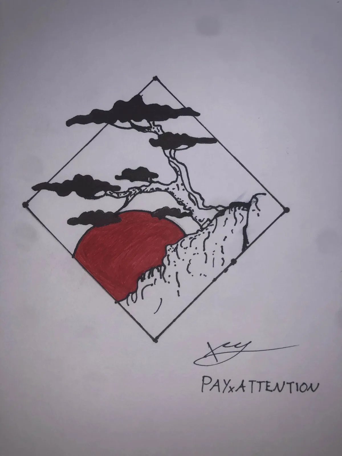 A hand-drawn, minimalist Japanese-style landscape sketch within a diamond frame, featuring a gnarled pine tree, a red sun…