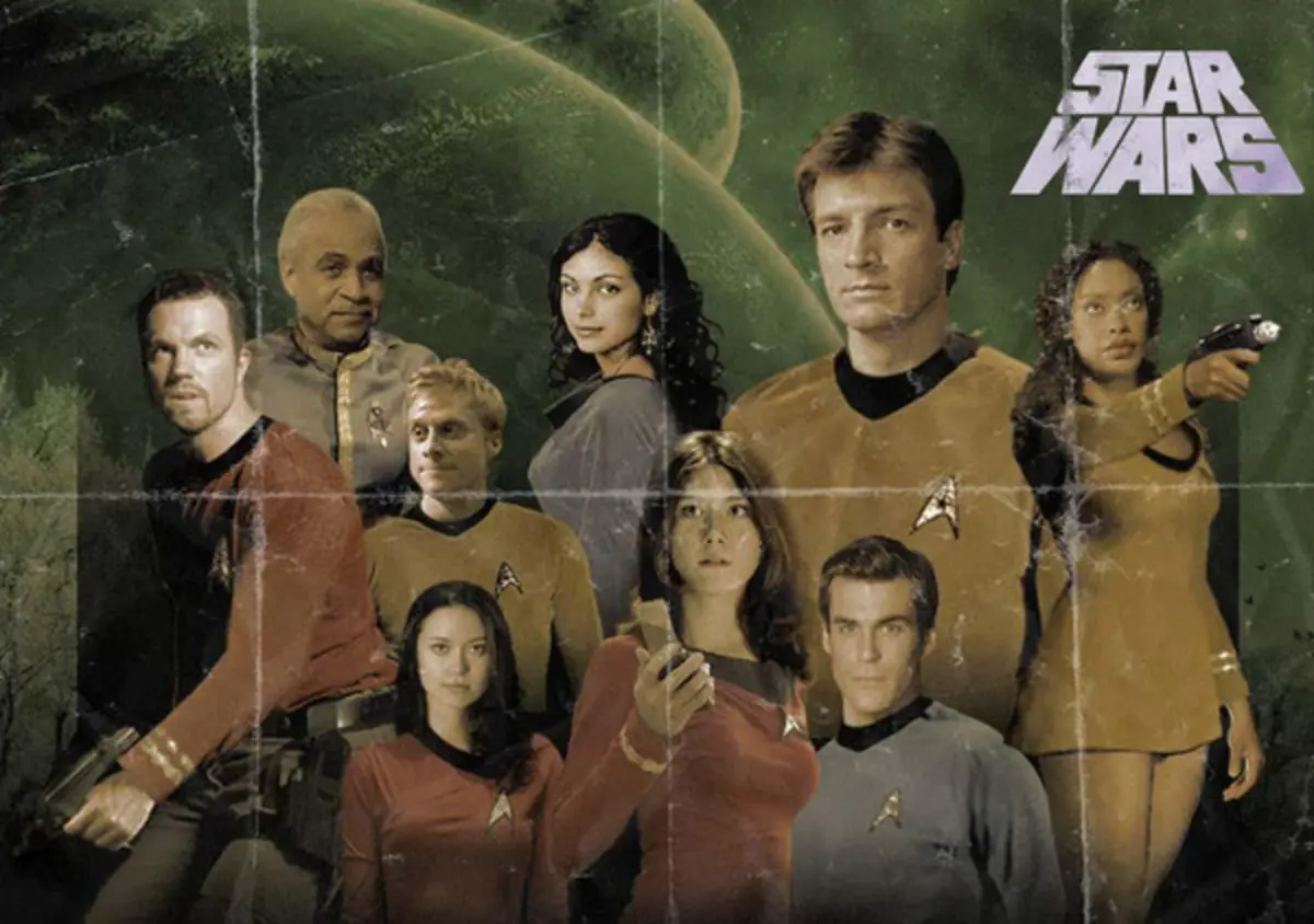 A composite image shows the cast of Star Trek: The Next Generation in their uniforms, posed against a space backdrop with a…