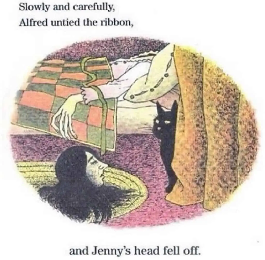 An illustration shows a person in a bed with a checkered blanket, untieing a ribbon from a black cat's neck. Below, a…