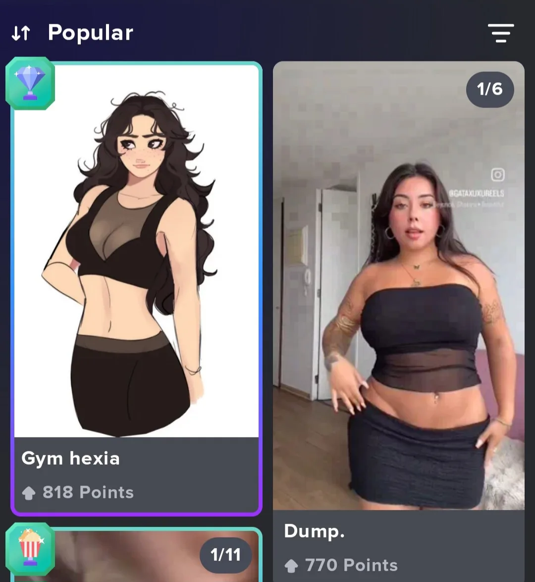 The image displays a side-by-side comparison within a social media app interface. On the left is an anime-style illustration…
