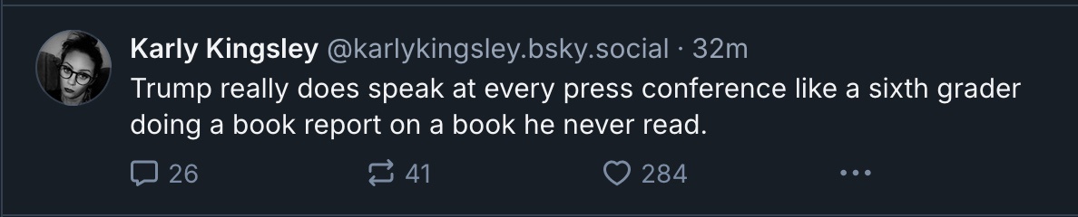 A screenshot of a social media post by Karly Kingsley, showing her profile picture and a tweet that reads 'Trump really does…