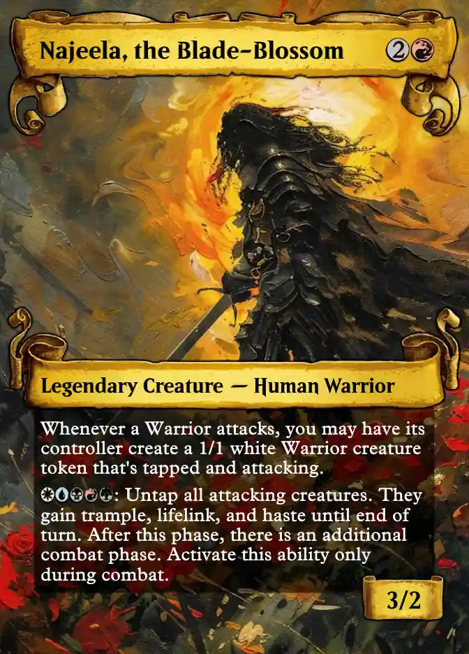 This is a Magic: The Gathering card for 'Najeele, the Blade-Blossom', a legendary human warrior creature. The card art…