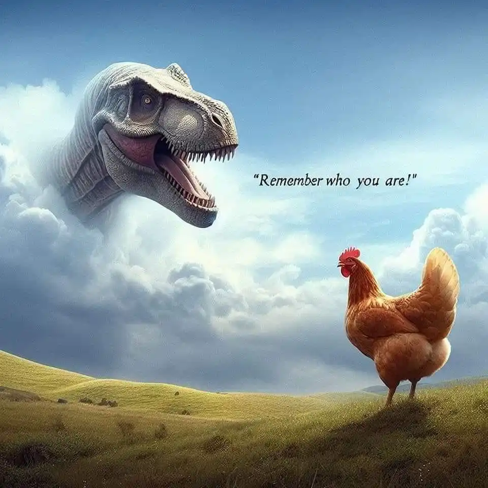 A large, roaring Tyrannosaurus Rex head emerges from stormy clouds above a small brown chicken standing on a grassy hill…