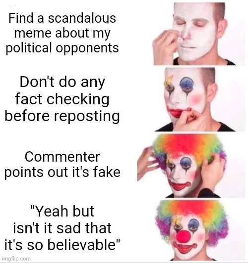 A four-panel image shows a man progressively applying clown makeup: first white base, then eye makeup, then a rainbow wig…