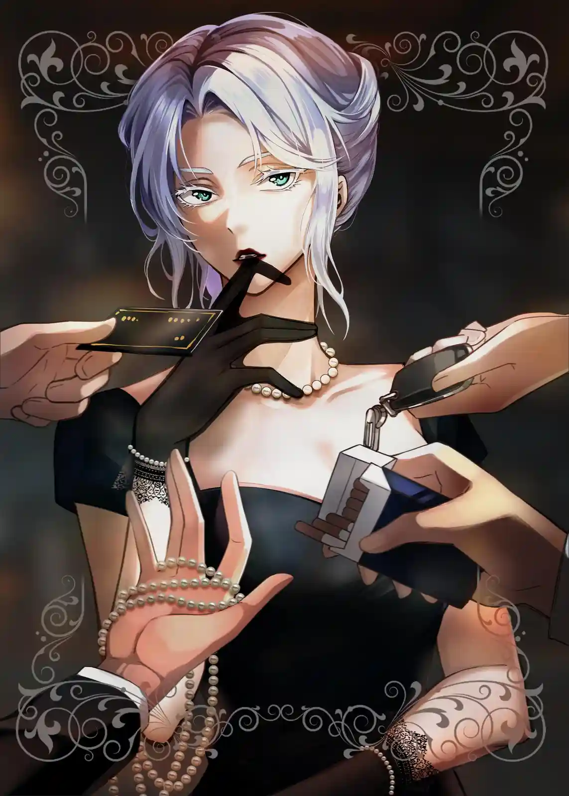 An anime-style illustration of a woman with silver hair and green eyes, wearing a black dress and pearl necklace, holding a…