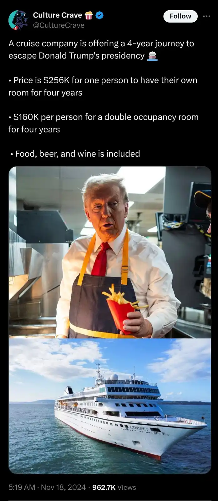 The image is a two-panel meme. The top panel shows Donald Trump wearing a dark apron over a white shirt and red tie, holding…
