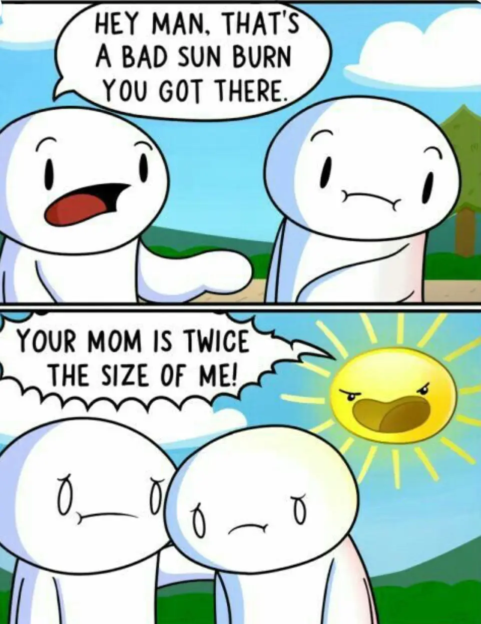 Two white cartoon characters stand outside under a blue sky with clouds. The top panel shows one character pointing at the…