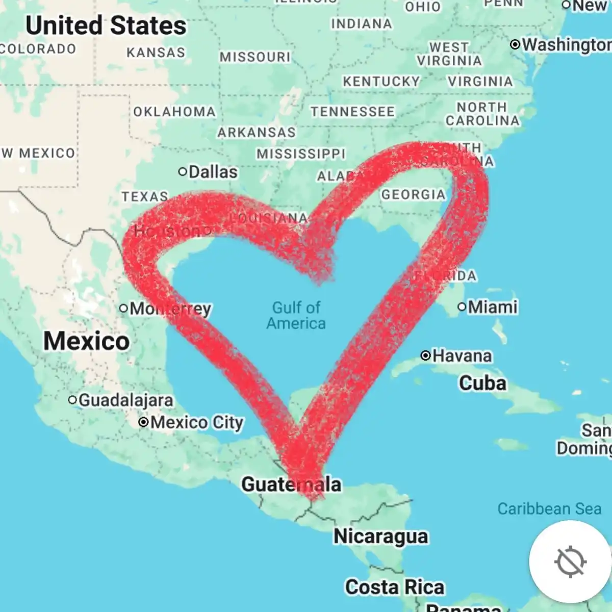 A map of the United States, Mexico, and parts of Central America shows a large red heart drawn over the Gulf of America…