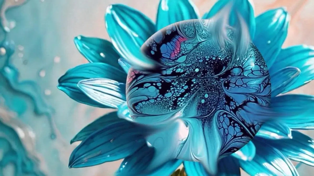 A stylized blue flower with glossy petals has a swirling, cosmic galaxy pattern in its center, blending blues, blacks, and…