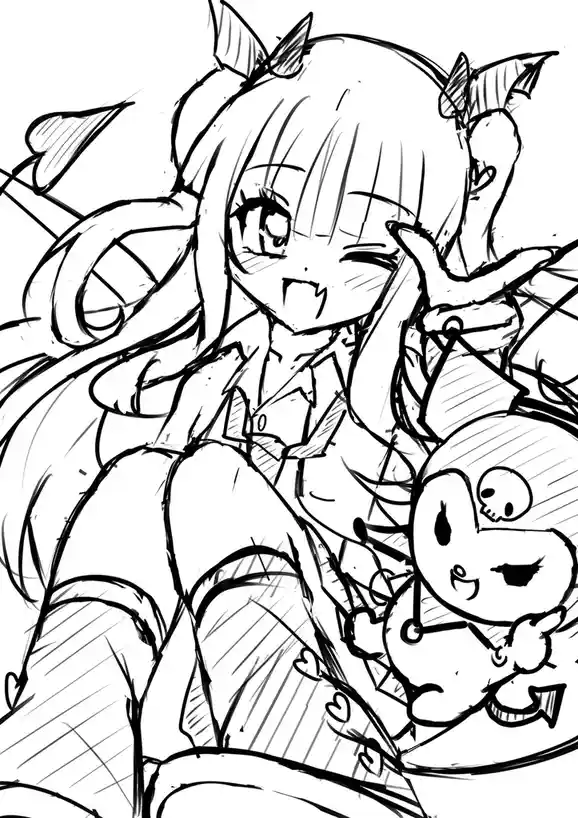 A black-and-white anime-style sketch shows a cheerful girl with devil horns, a tail, and fangs, winking and holding a small…