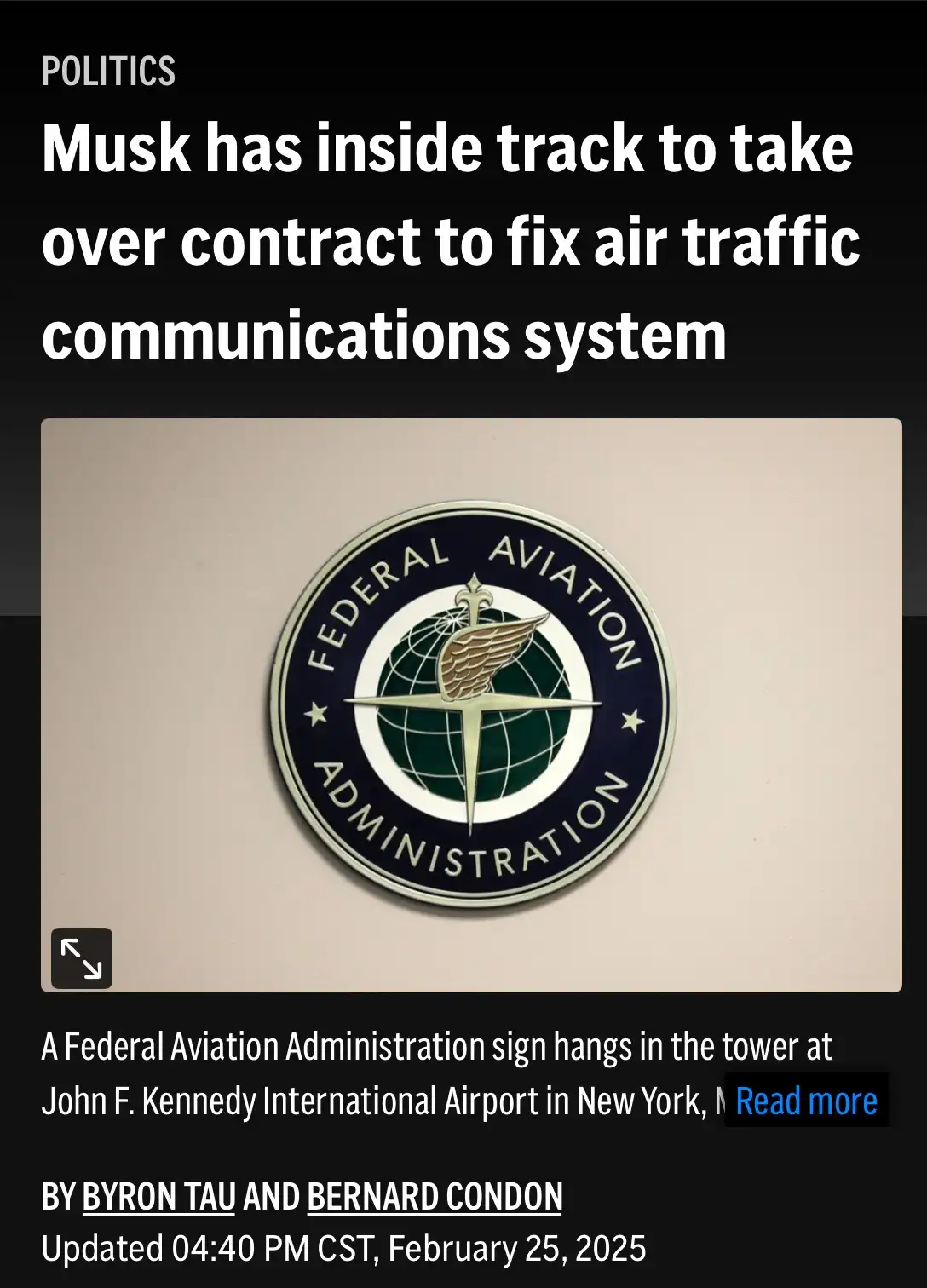 The image shows a news article screenshot with a headline claiming Elon Musk has an inside track to take over a contract to…