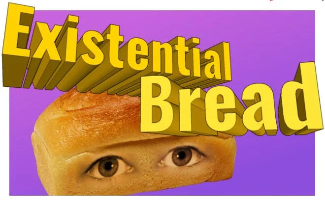 A loaf of bread with two human eyes peeking out from its top, set against a solid purple background. Large, bold, yellow 3D…