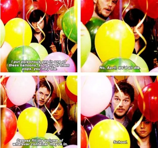A four-panel image from a party scene with balloons, showing a woman threatening to kill someone by popping a balloon filled…
