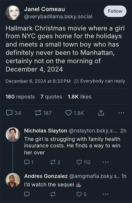 A screenshot of a social media thread showing a user posting a sarcastic description of a Hallmark Christmas movie plot…