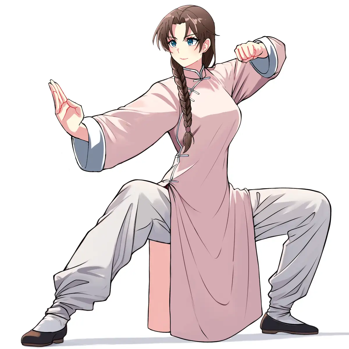 An anime-style illustration of a young woman with brown braided hair and blue eyes, wearing a pink traditional Chinese tunic…