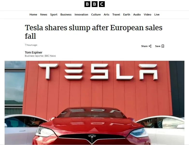 A BBC news article screenshot shows a red Tesla car in front of a red building with the Tesla logo. The headline reads…