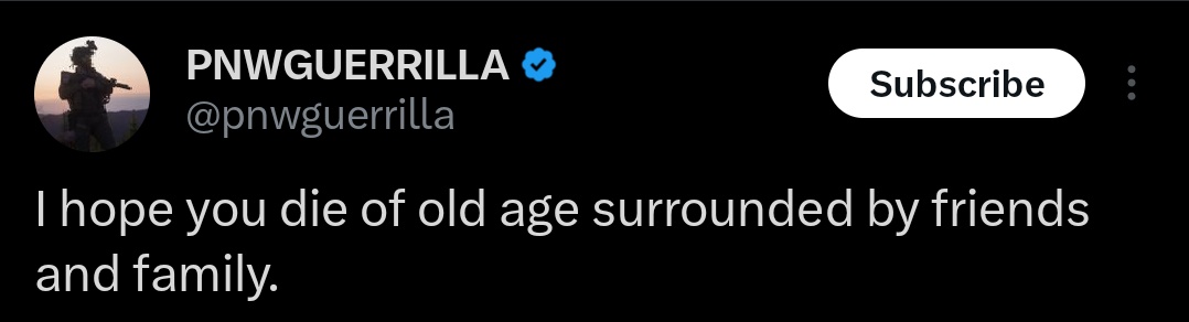 A screenshot of a Twitter/X post by user PNWGUERRILLA, showing their profile picture of a person in tactical gear, their…