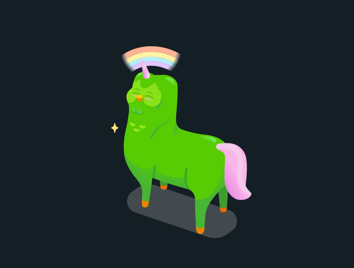 A cartoon green llama with a pink horn and pink tail stands against a dark background, wearing a rainbow halo above its head…