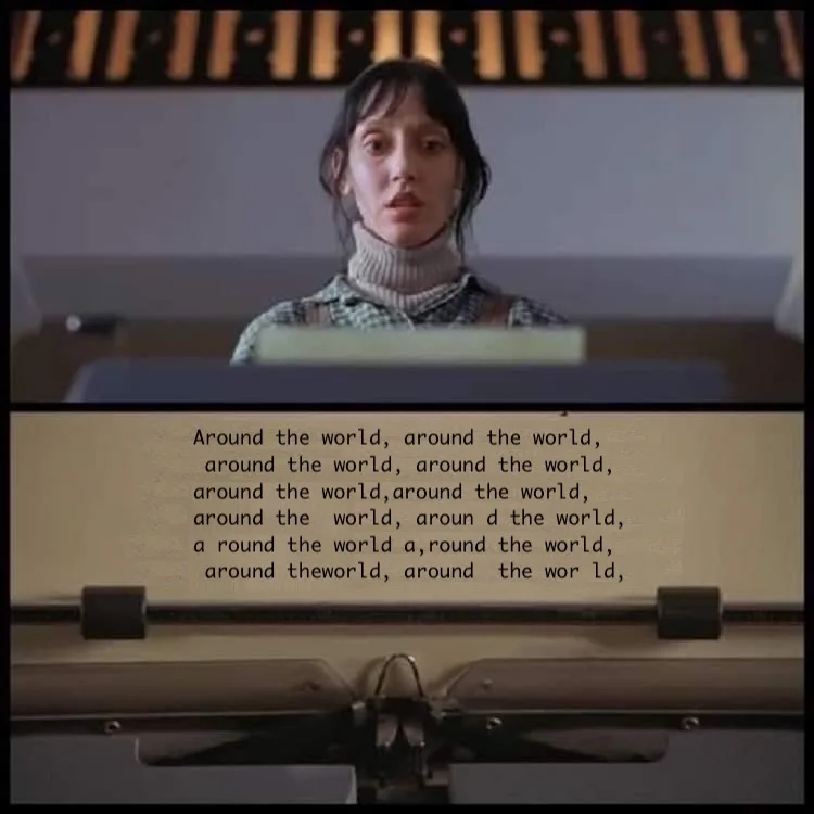 A split-screen image shows a woman with a shocked expression looking at a typewriter. The bottom half displays the typed…