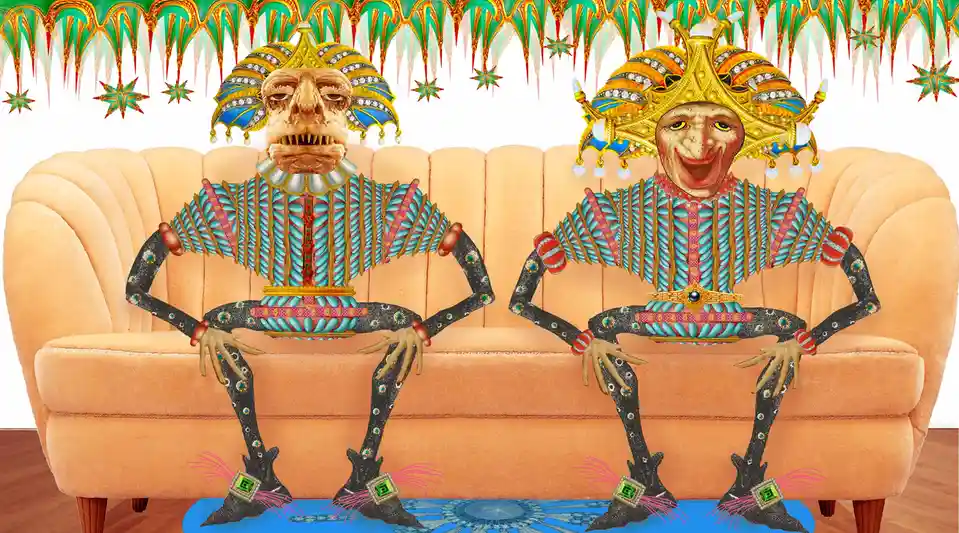Two grotesque, ornately dressed humanoid figures with exaggerated, monstrous faces sit side-by-side on a plush orange couch…