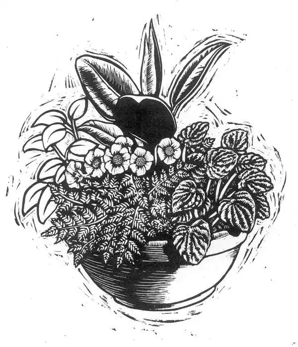 A black-and-white woodcut-style illustration shows a rabbit's head with long ears peeking out from behind a lush arrangement…