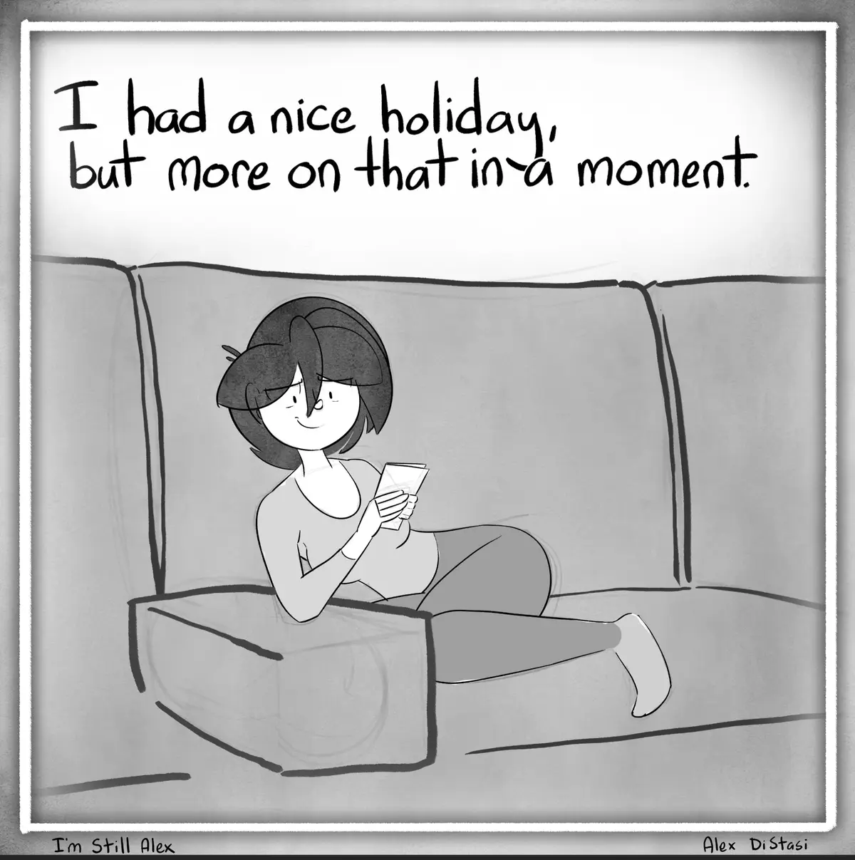 A black-and-white cartoon depicts a woman lounging on a couch, smiling while holding a small booklet or card. Above her…