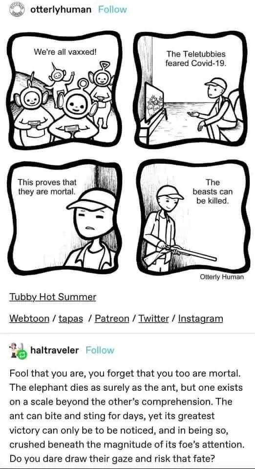 A four-panel comic strip shows Teletubbies holding vaccination cards, a man watching them on TV, the man looking sad, and…