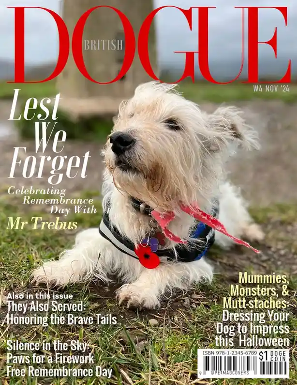 A white scruffy dog wearing a black harness with a red poppy and a red ribbon sits on grass. The image is styled as a…