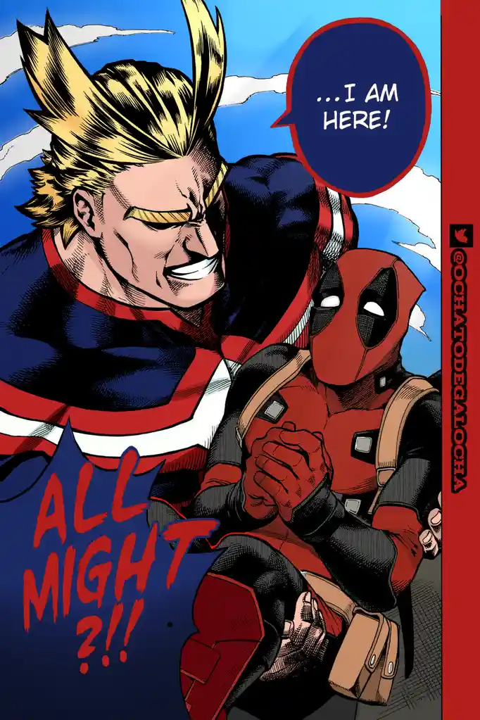A comic-style image shows All Might, a muscular hero with spiky blonde hair and a red, white, and blue costume, hugging…