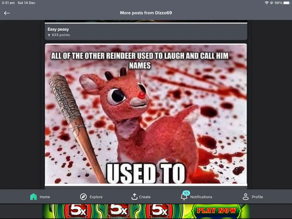A cartoon reindeer with a red nose, resembling Rudolph, stands in a bloody, splattered background holding a baseball bat…