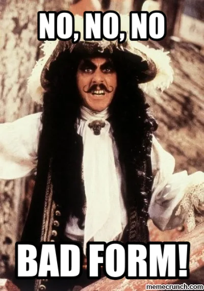 A man in a pirate costume with a mustache and feathered hat looks shocked and disapproving. The text overlaid in bold white…